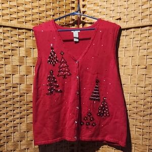 CB Career,  Holiday, Christmas, Red Festive Embellished Women's Top Sz XL